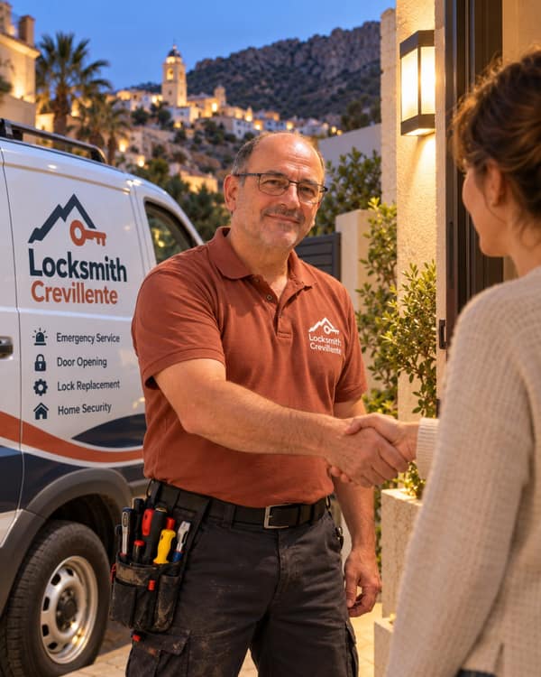 At dusk under a lit wall lamp, a man in a rust polo shakes hands with a woman at her door, a white van parked behind him