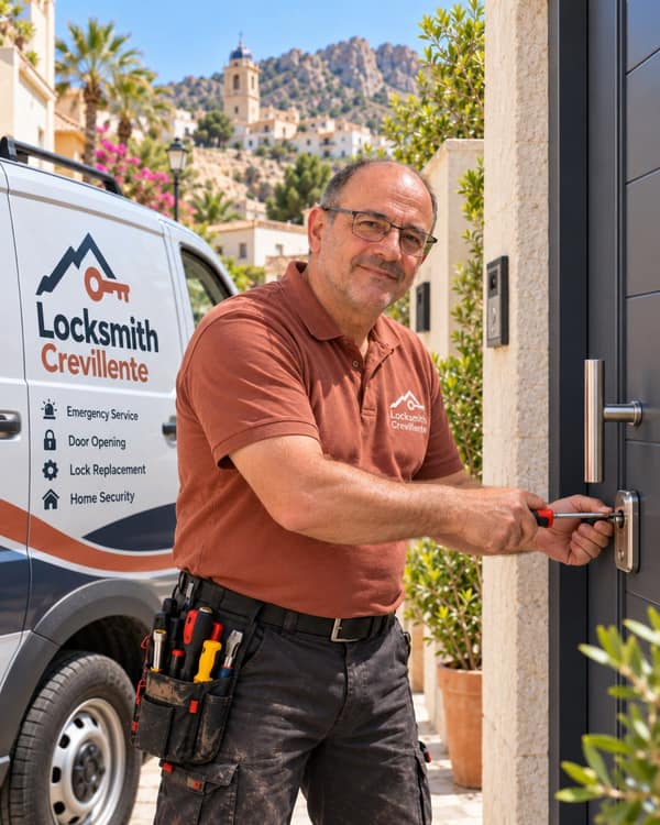 A man in a rust polo turns a red-handled screwdriver at the cylinder of a dark grey door with a steel bar handle, looking over his shoulder